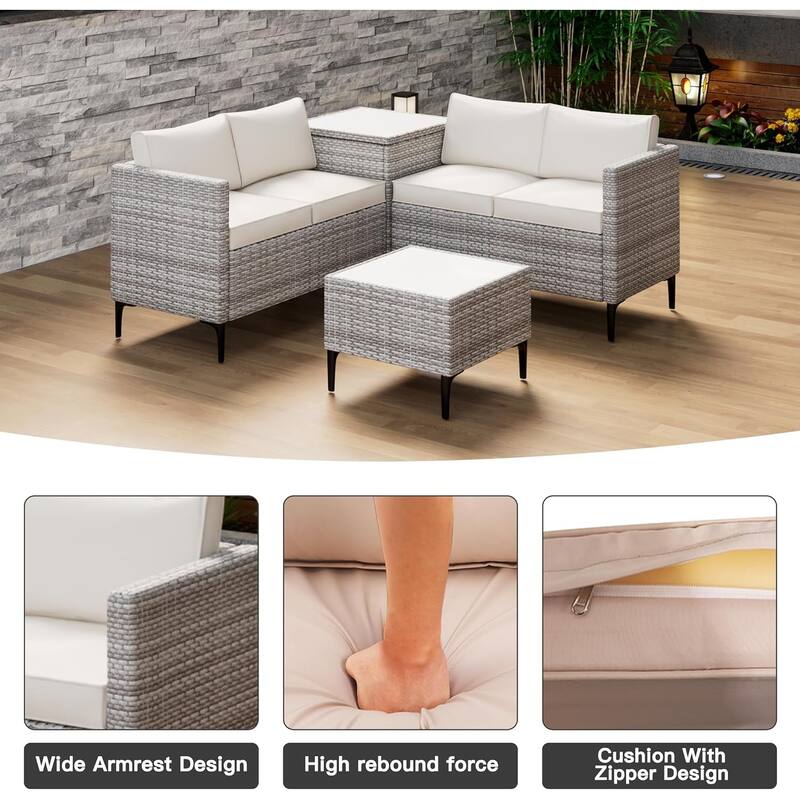4-Piece Patio Sectional Sofa Set with Coffee Table and Storage Box