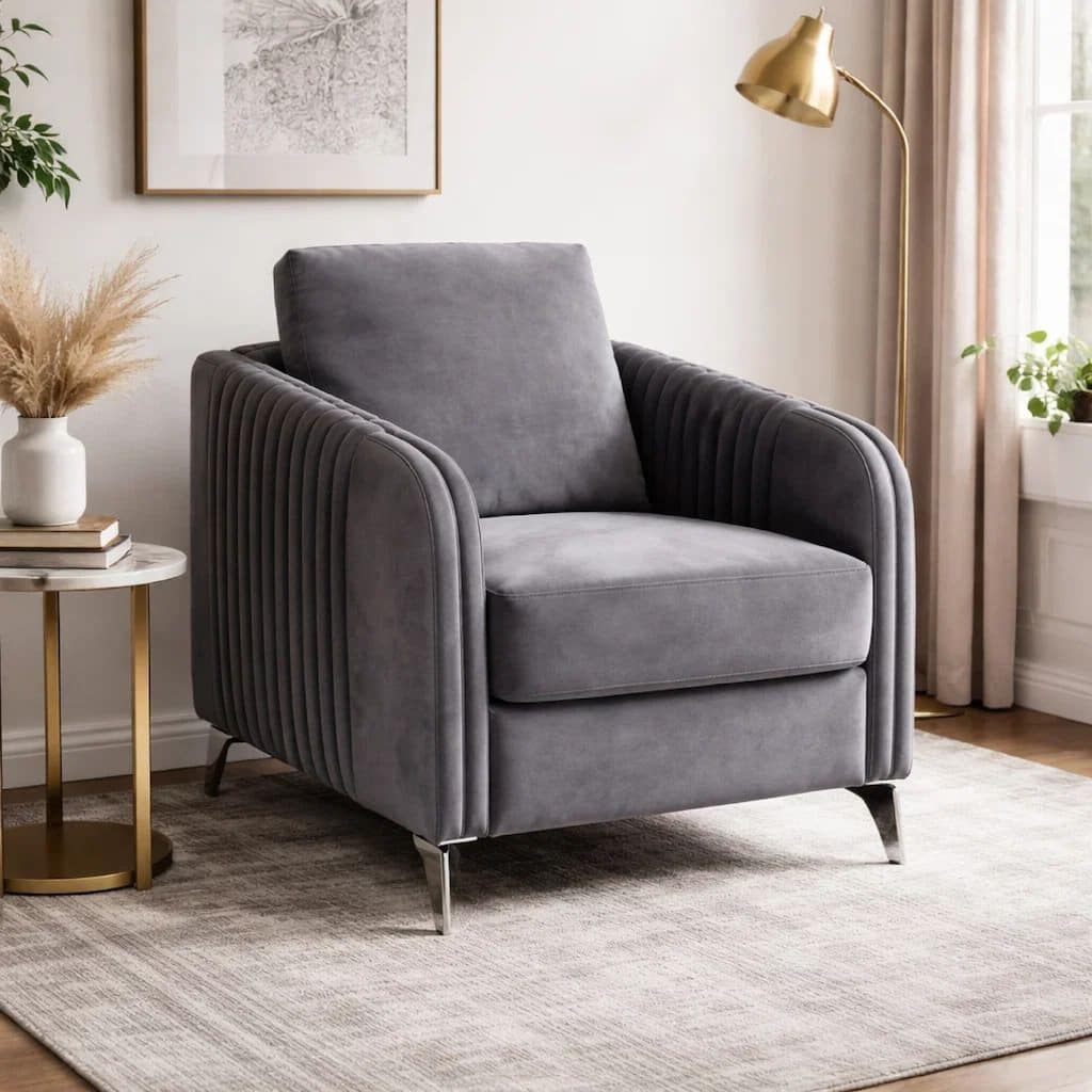 Leah 32 Inch Modern Accent Armchair, Vertical Quilted Design, Gray Velvet