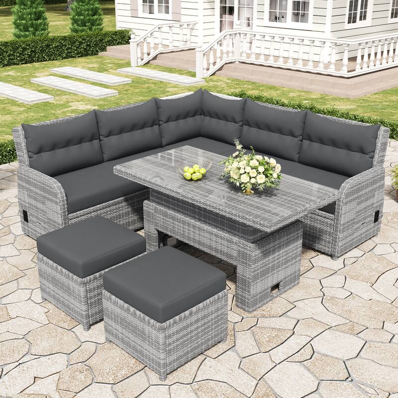 Patio Rattan Furniture Set with 1 Adjustable Table, Recliners with Extendable Side Tables, and 2 Ottomans