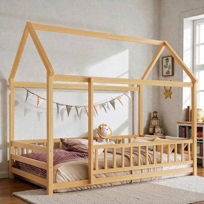 Wooden House Frame Floor Bed with Roof, Fence Guardrails, Pine Wood Kids Platform Bed for Bedroom - Natural - Twin