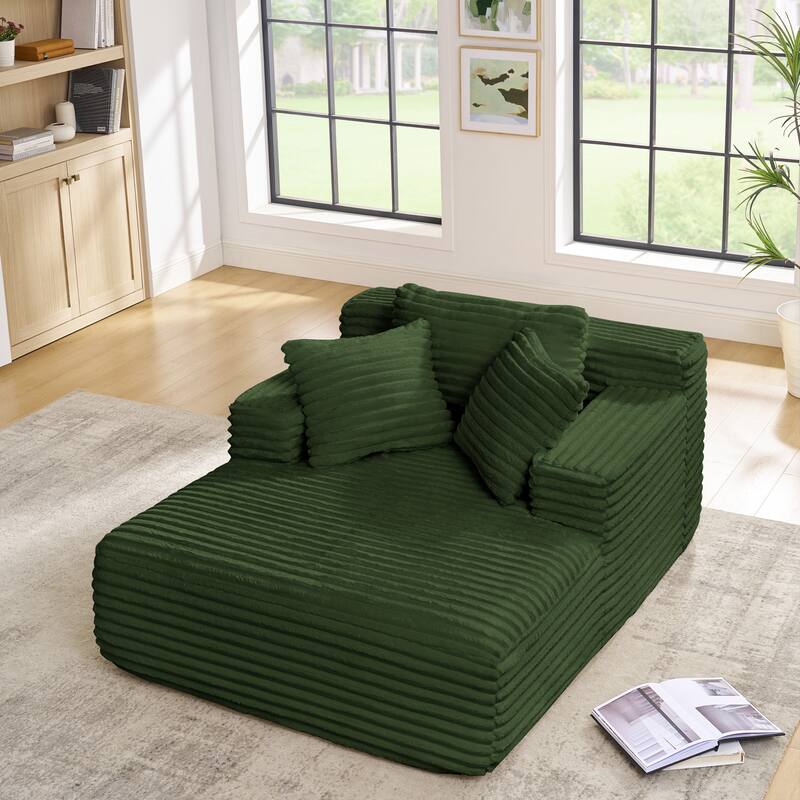 Fluffy Corduroy Upholstered Cloud Chaise Lounge Sofa Bed, Versatile Foam Compressed Deep Seat Couch with Pillows - Green