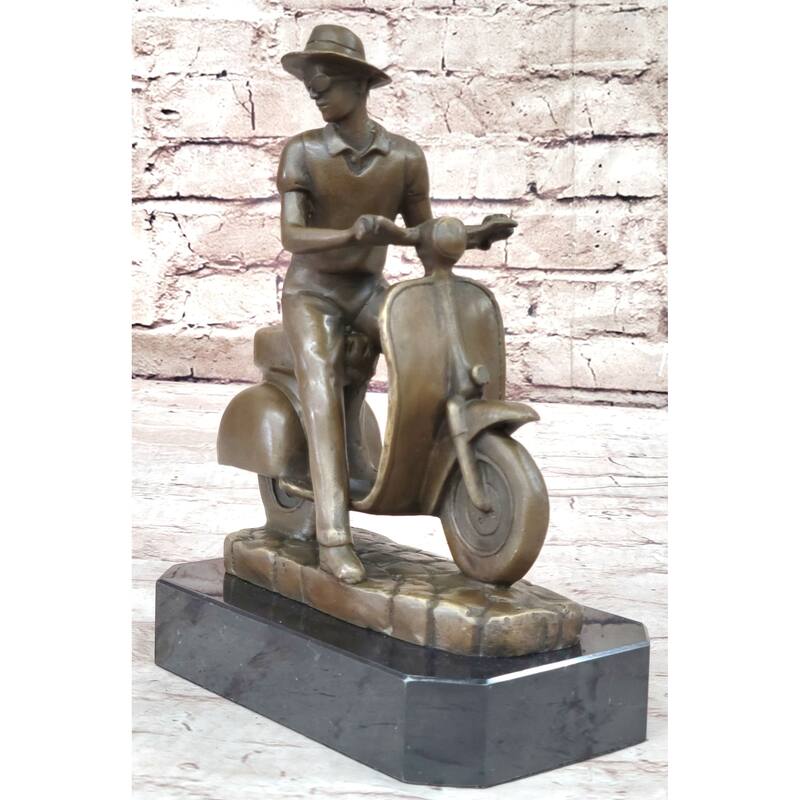Man Riding Moped Bike Solid Bronze Sculpture Memorabilia Collectible Artwork