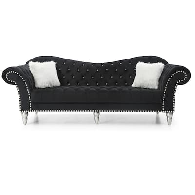 Tufted Velvet 2-Seater Sofa with Throw Pillows - 98" - Black