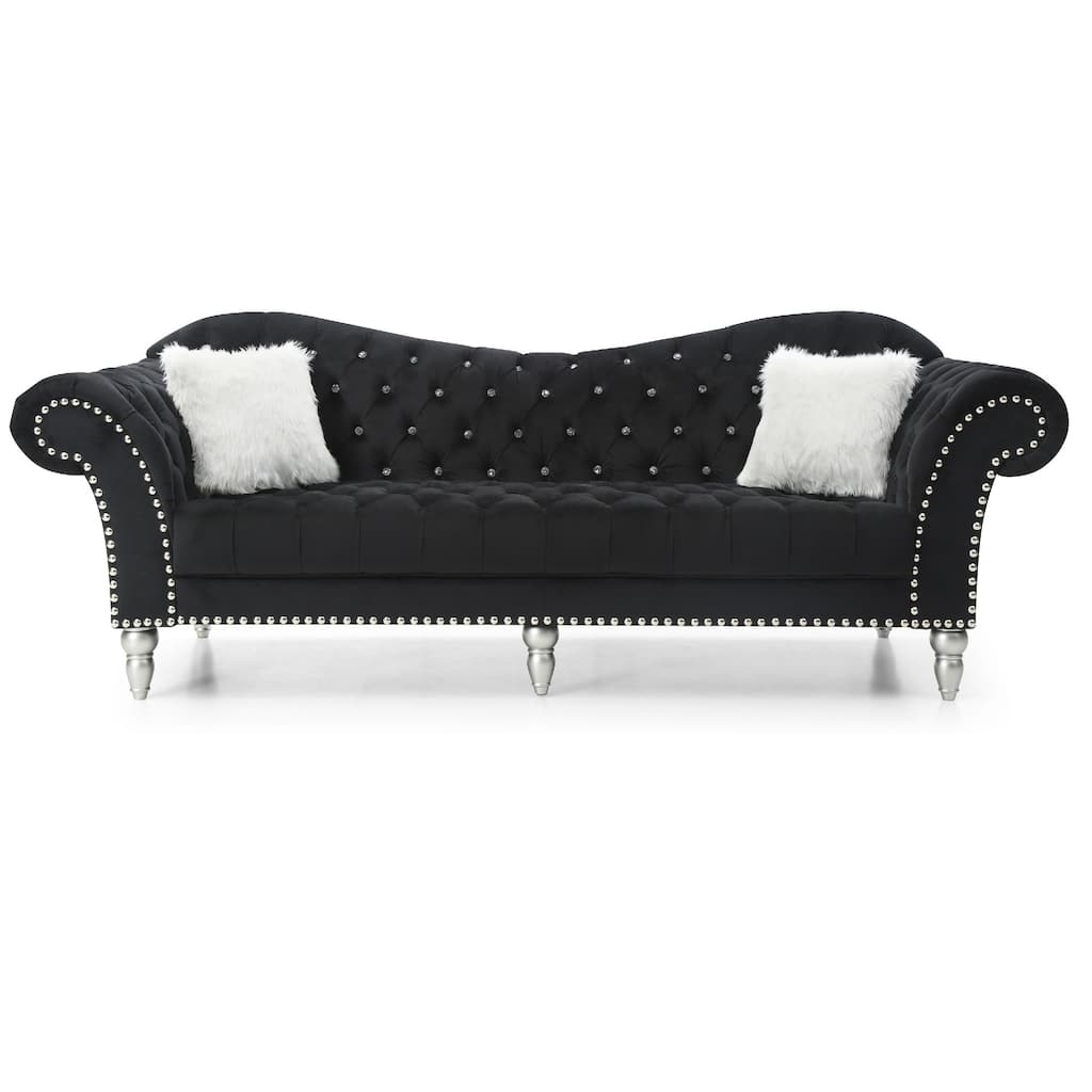 Tufted Velvet 2-Seater Sofa with Throw Pillows - 98" - Black