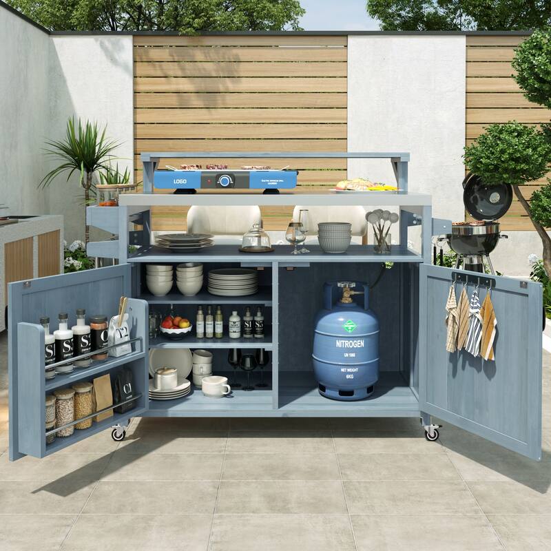 Outdoor Kitchen Island Rolling Grill Cart Sideboards Prep Table - Grey Blue