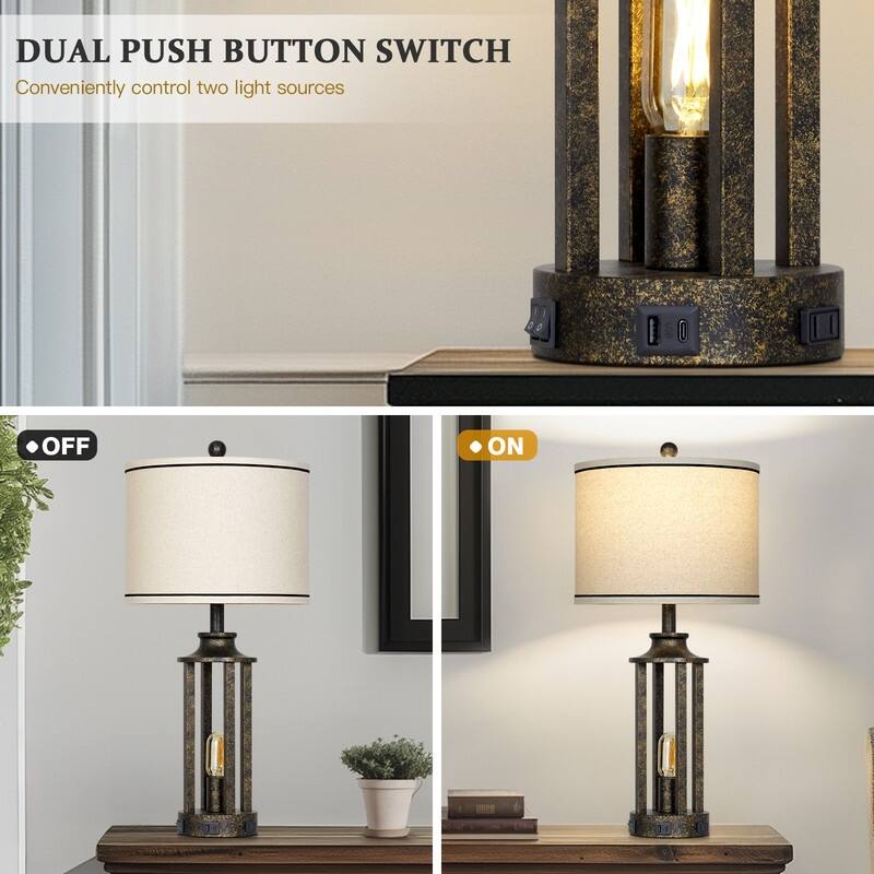 27.5'' Black Industrial Table Lamp with USB-C Fast Charging, Dual Lighting(Set of 2) - 12.5'' x 12.5'' x 27.5''