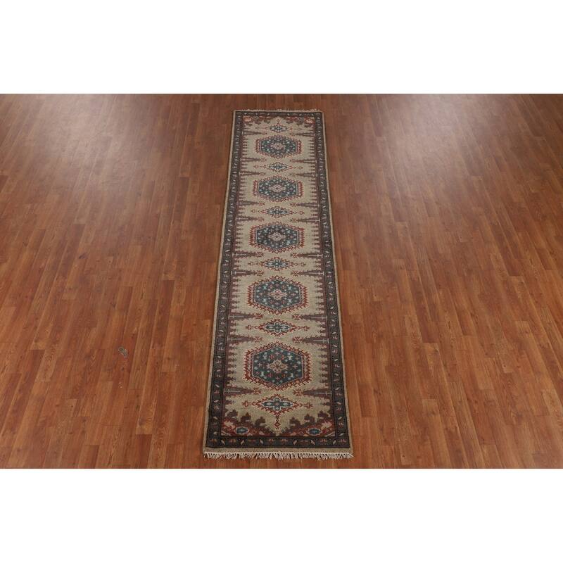 Geometric Viss Indian Runner Rug Handmade Wool Carpet - 2'6"x 9'9"