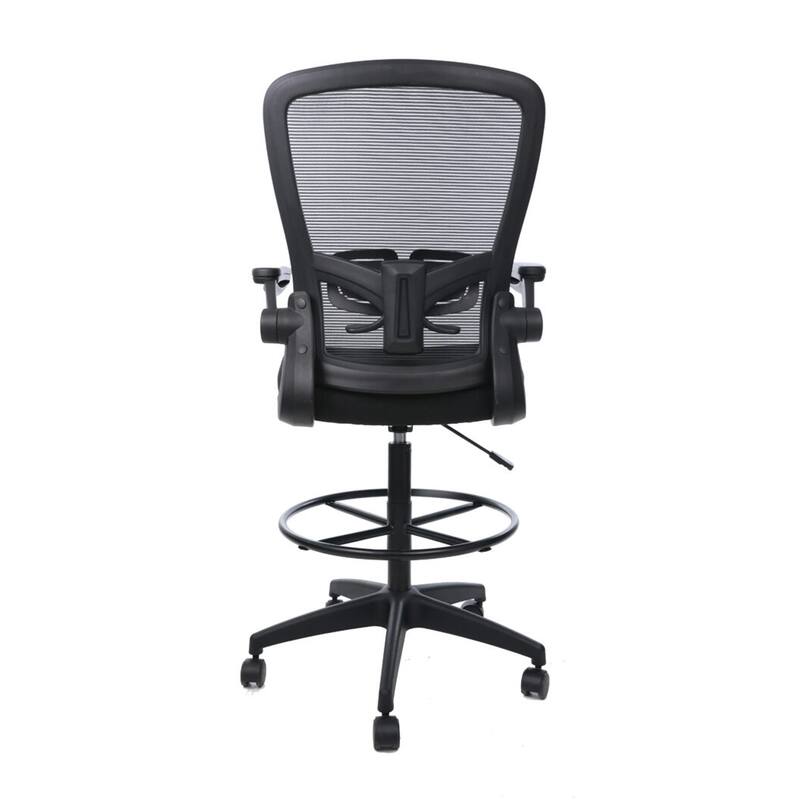 Dea Drafting Stool Chair, Flip-Up Arms, Black Mesh, Chrome Footring