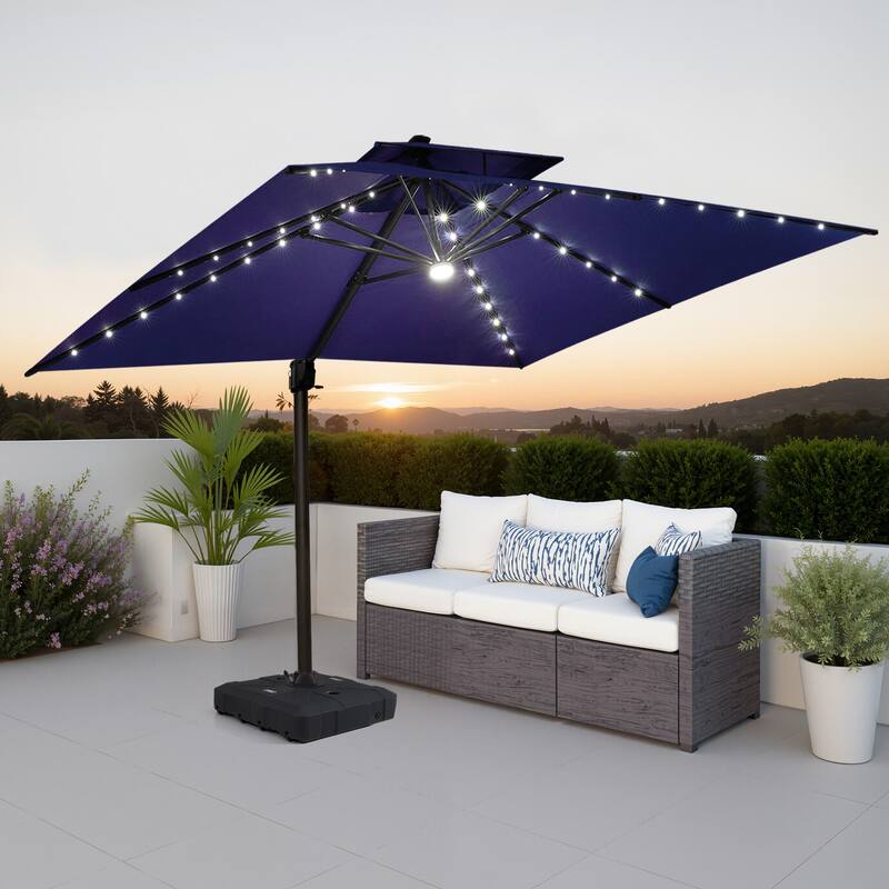 Pellebant 11X11 FT Outdoor Square Cantilever Patio Umbrella Solar LED Lighted with HDPE Base - NavyBlue