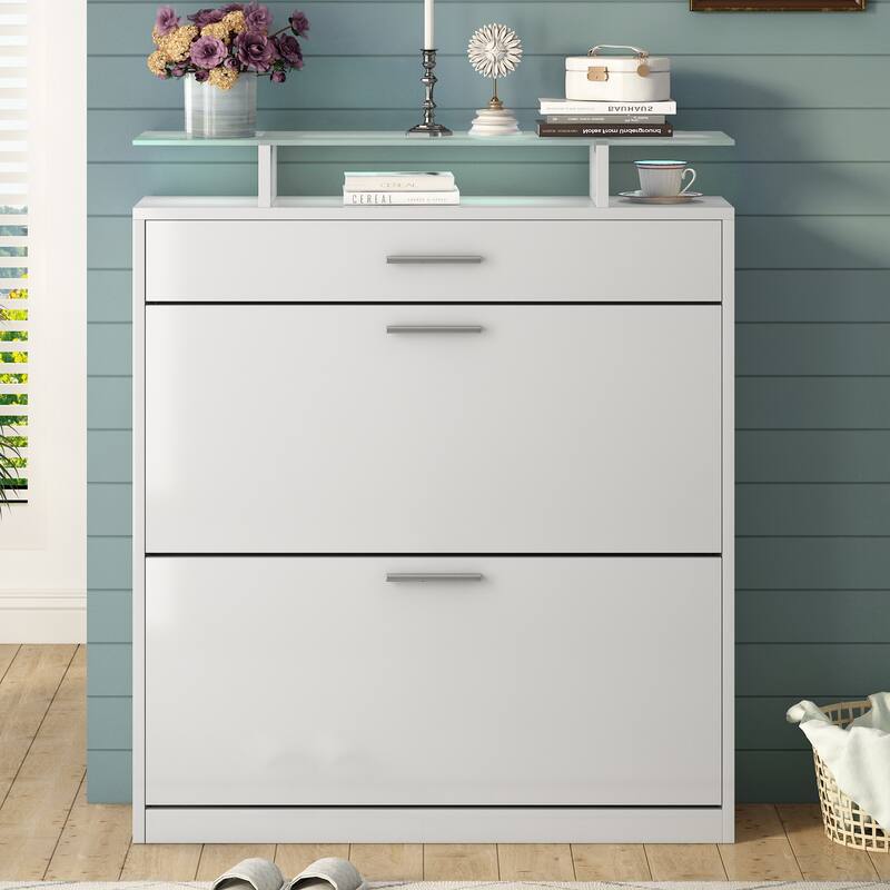 Contemporary Shoe Rack Storage Cabinet with Adjustable Shelves, Tempered Glass Top and LED Lighting, for Hallway Organize