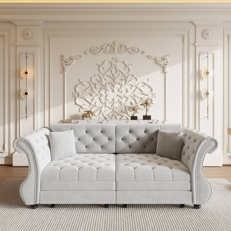 83.8" Velvet Sofa with Pull Out Bed with Rolled Arm and Flower Tufting - Light Grey