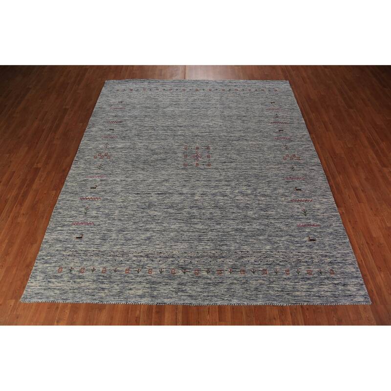 Ivory & Blue Tribal Gabbeh Area Rug Handmade Wool Carpet - 8'3" x 9'8"