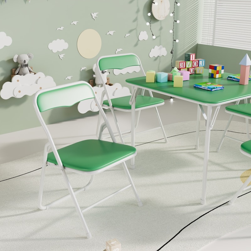VECELO 5 Pcs Kids Folding Activity Table and Chairs Set, Portable, with Ultra Soft PU Padded Cushion, Matte Black