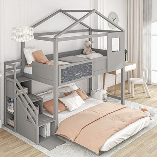 Twin over Full House Bunk Bed with Storage Staircase and Blackboard ...