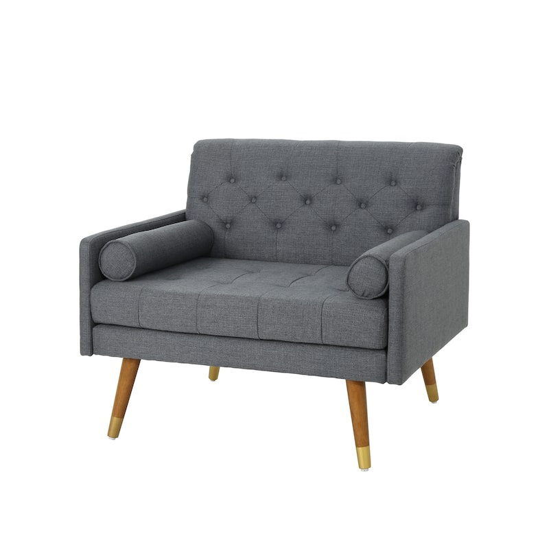 Modern 38.25" Upholstered Button Tufted Club Chair with Bolster Pillows and Rubber Wood Legs