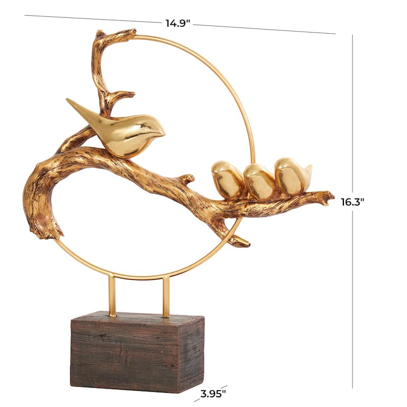 Gold Polystone Family On A Branch Bird Decorative Sculpture with Brown Block Base