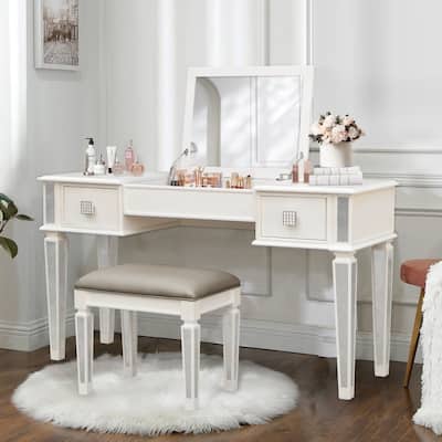 Wood Vanity Desk Dresser Makeup Table Set with Flip Top Mirror, Stool