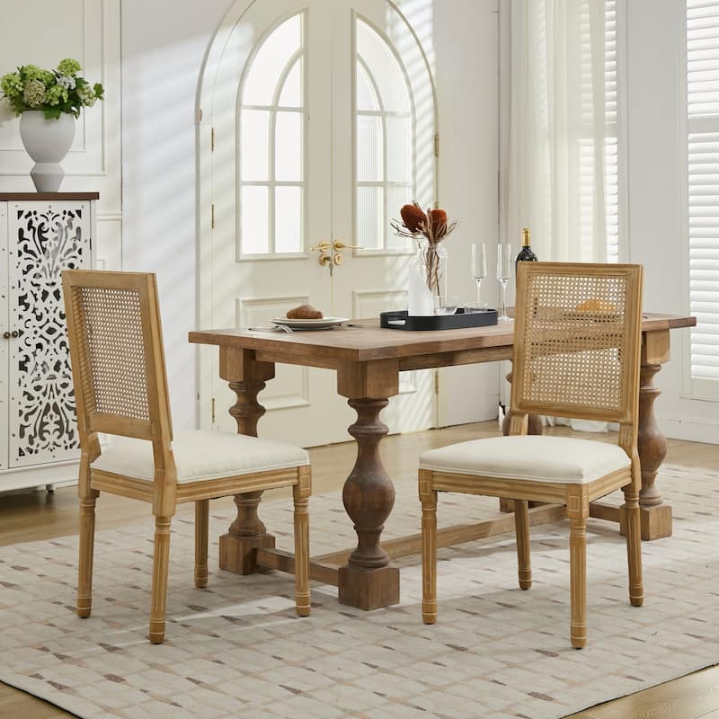 French Decor Chairs Set of 2, Louis Dining Chairs with Square Rattan Backrest and Exquisitely Carved Solid Wood Frame