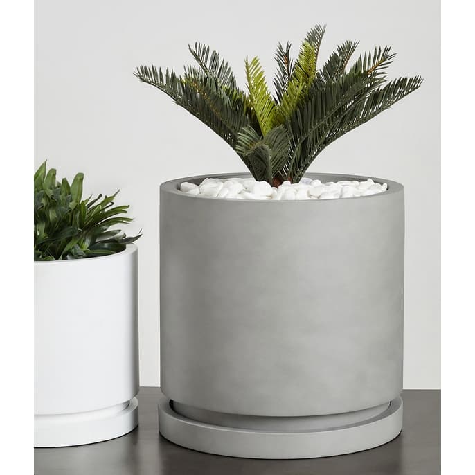 Indoor/Outdoor Large 1-Piece Nordic Minimalist Fiberstone Lightweight Round Planter Pot With Saucer - 15, 11 inch Matte Finish