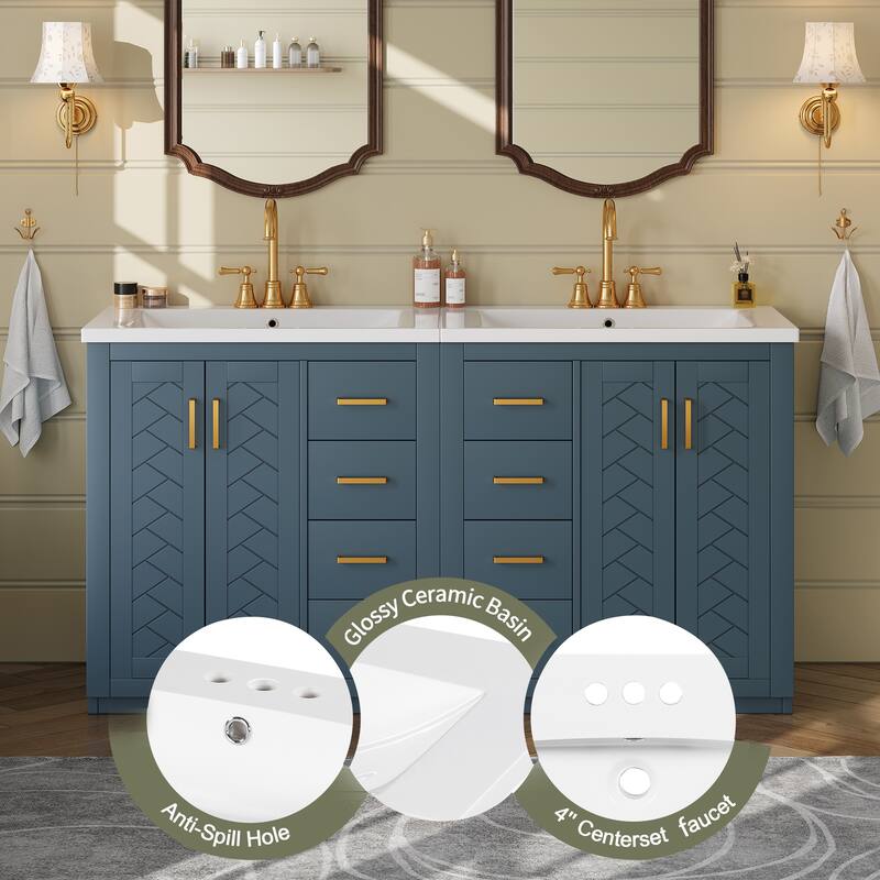 60''Vanity With Ceramic Sink Combo,Solid Wood Frame Storage Cabinet,Freestanding Vanity Set With 3 Drawers& Soft Closing Doors