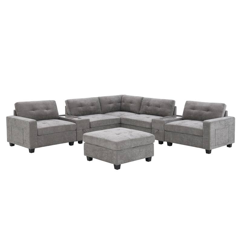 L-shape Chenille Sectional Sofa with 2 Acrylic Consoles Table Top, USB Charger, 2 Drawers, Pockets and Ottoman for Living Room