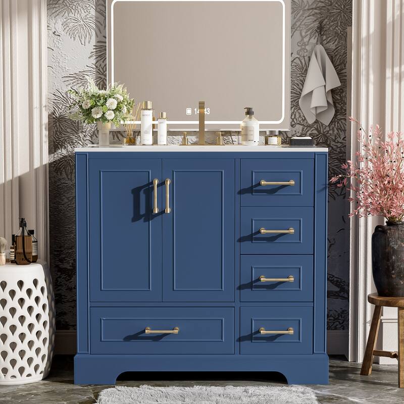 Traditional Bathroom Vanity with Ceramics Sink, Freestanding Cabinet with 3 Side Drawers, Bottom Drawer and 2 Soft Close Doors - Blue