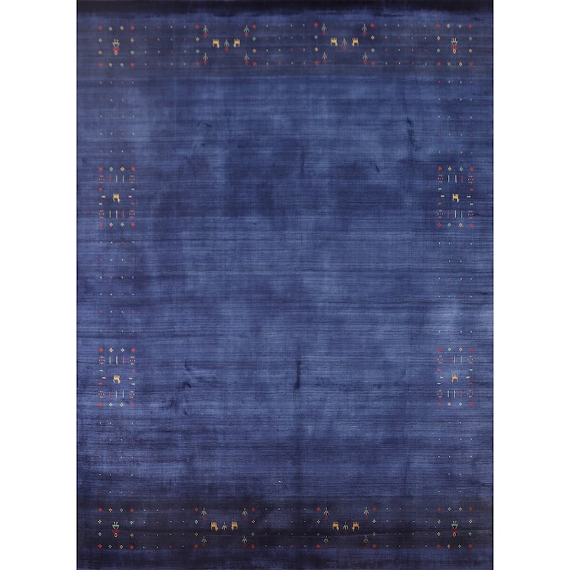 Blue Tribal / Striped Gabbeh Indian Area Rug Handmade Silk Carpet - 8'1" x 9'7"