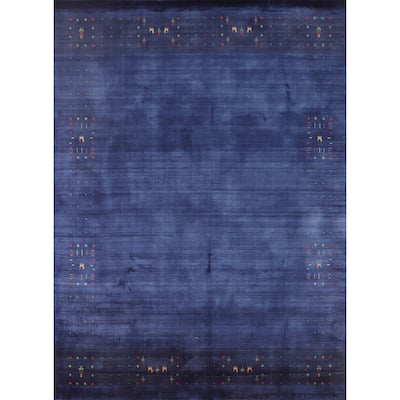 Blue Tribal / Striped Gabbeh Indian Area Rug Handmade Silk Carpet - 8'1" x 9'7"