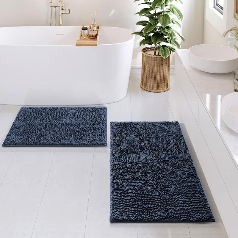 Empyrean Non-Slip Super Plush Chenille Bathroom Rugs - Small + Medium - Navy Blue