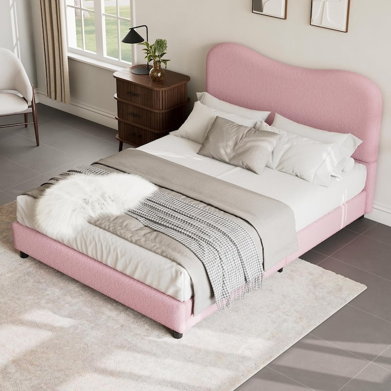 Kids Upholstered Platform Bed, Soft Boucle Fabric with Low Profile Frame & Wood Slats, Boys/Girls Bedroom