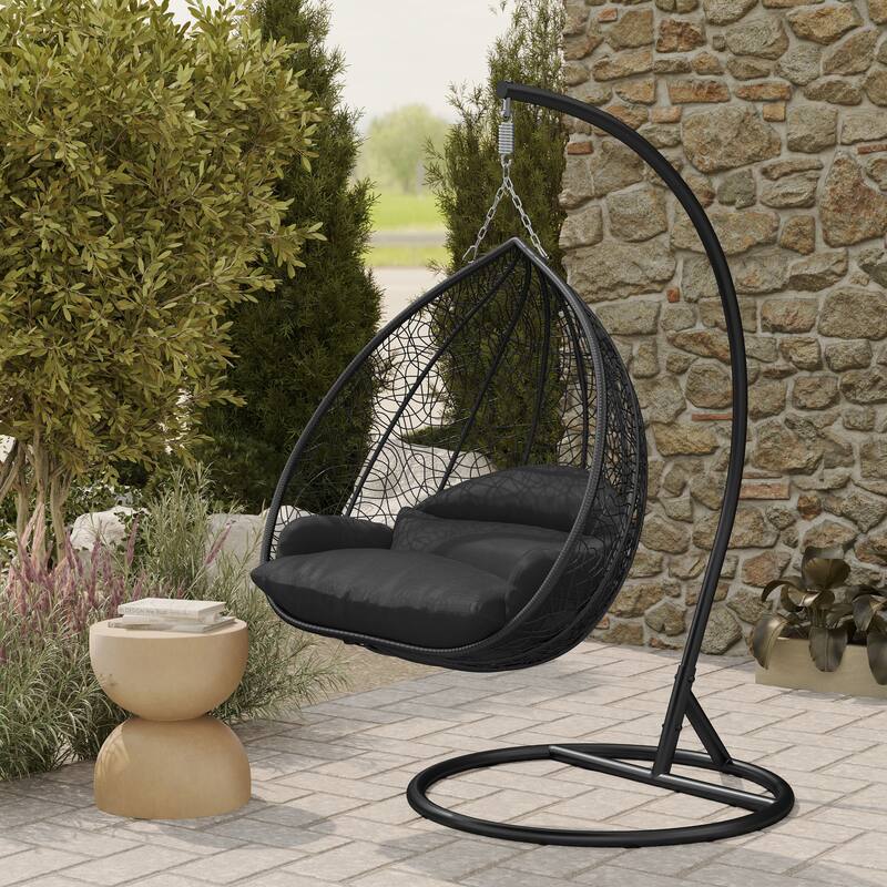 2-Person Outdoor Hanging Egg Chair with Teardrop Frame, Weather-Resistant Cotton Cushioned Seat for Patio and Indoor Use