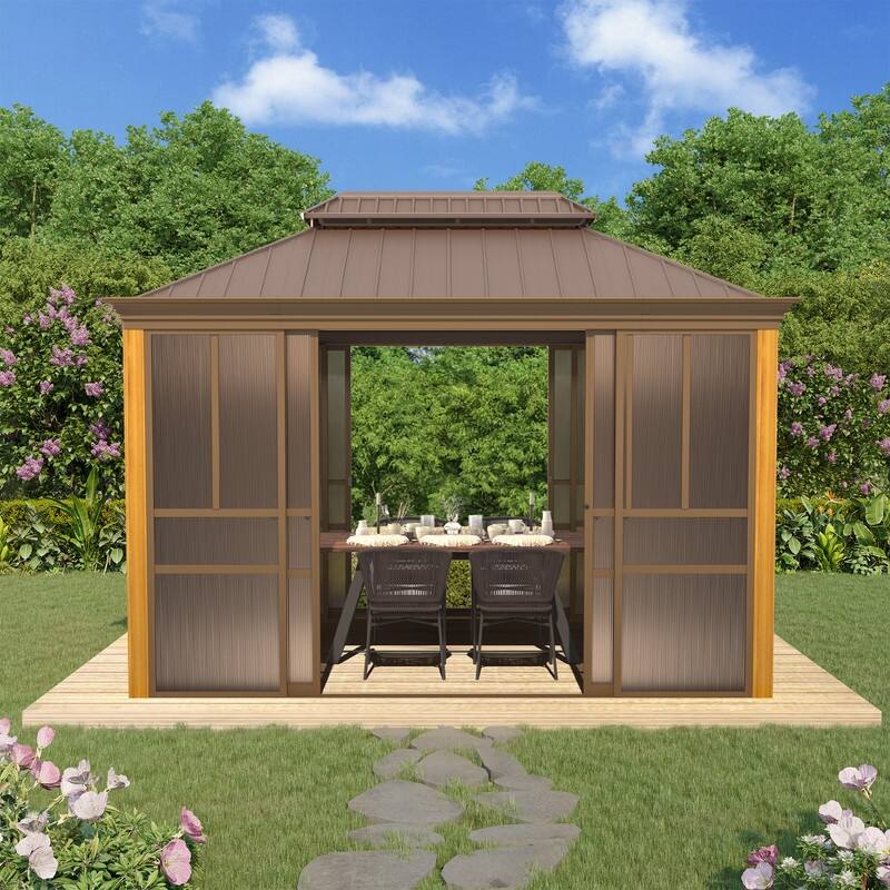 Outdoor Hardtop Sunroom Gazebo with Double Roof & Sliding Doors, All-Season Aluminum Outdoor Pergola, PE Screens&Lockable Design