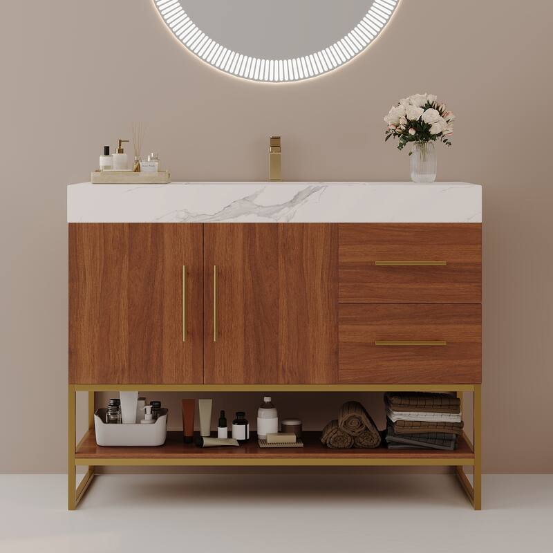 36" Modern Bathroom Vanity with Seamless Ceramic Sink & Gold Accent Free Standing Cabinet - Gold,Walnut