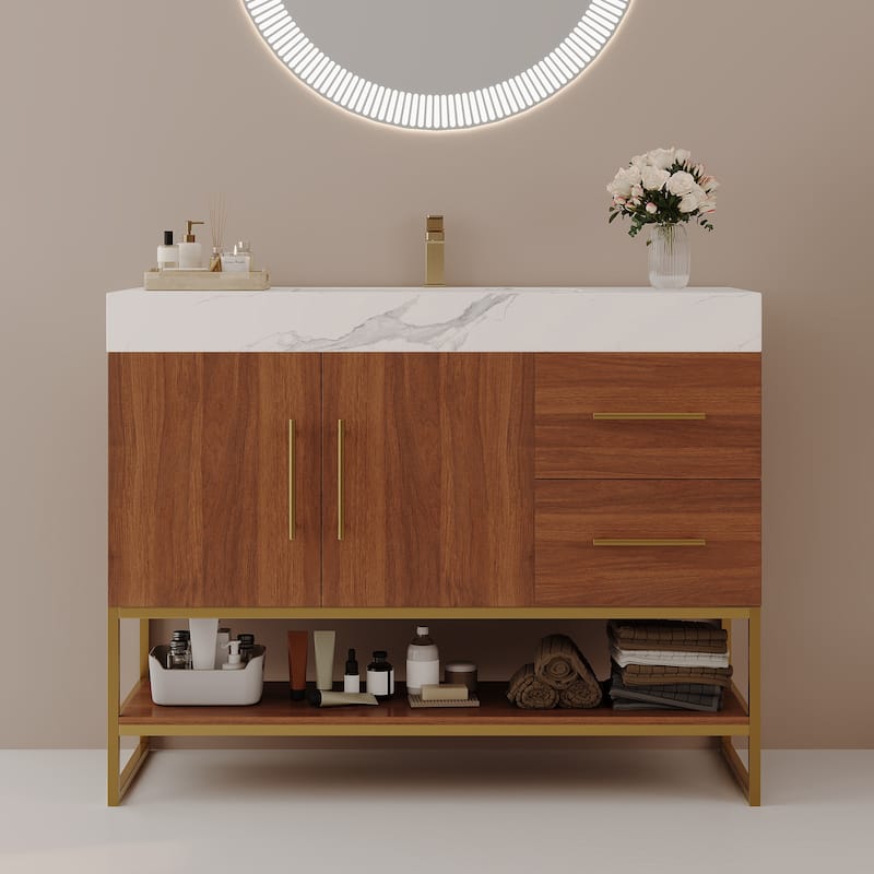 GDFStudio - Luxury 36" Freestanding Sintered Stone Bathroom Vanity with Seamless Ceramic Sink, Open Storage & Soft-Close Drawers - White Sink - Walnut Cabinet