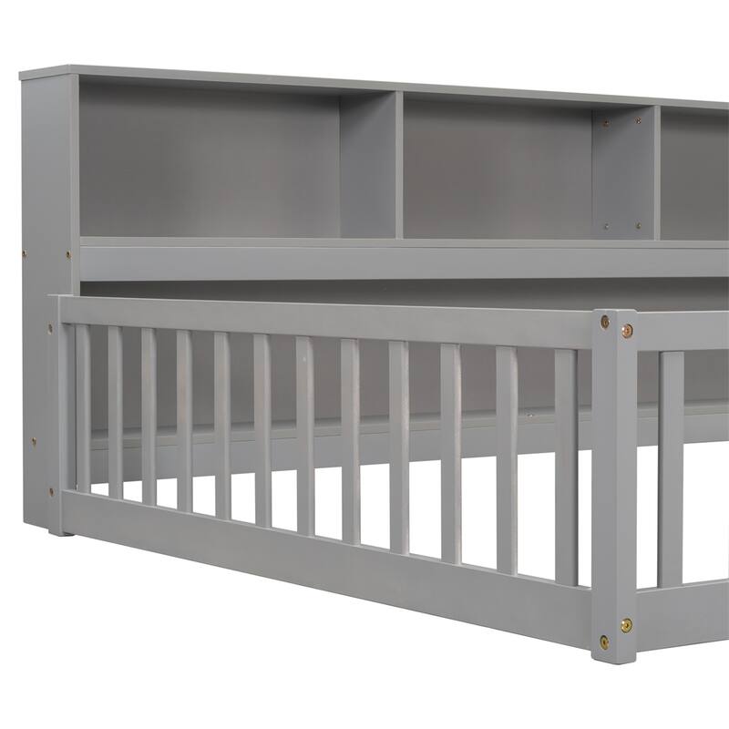 Full Floor Bed with Side Bookcase,Shelves,Guardrails