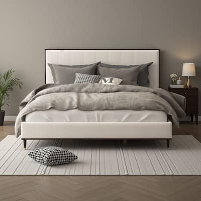 Aren Queen Bed, Light Gray Fabric Upholstery, Crisp White and Smooth Brown