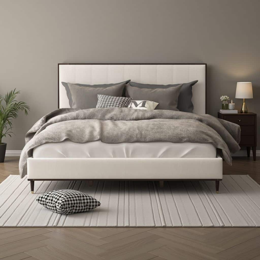 Aren Queen Bed, Light Gray Fabric Upholstery, Crisp White and Smooth Brown
