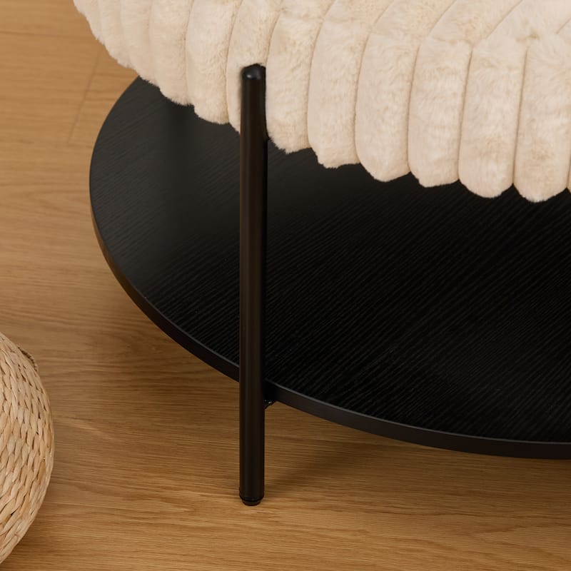 30.9"Wide Upholstered Round Ottoman Coffee Table Foot Rest with Black Metal Legs, Footstool with Wooden Open Storage Shelf