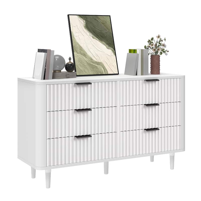 6 Drawer Wood Dresser with Wave Fluted Panel Storage Organizer for Bedroom