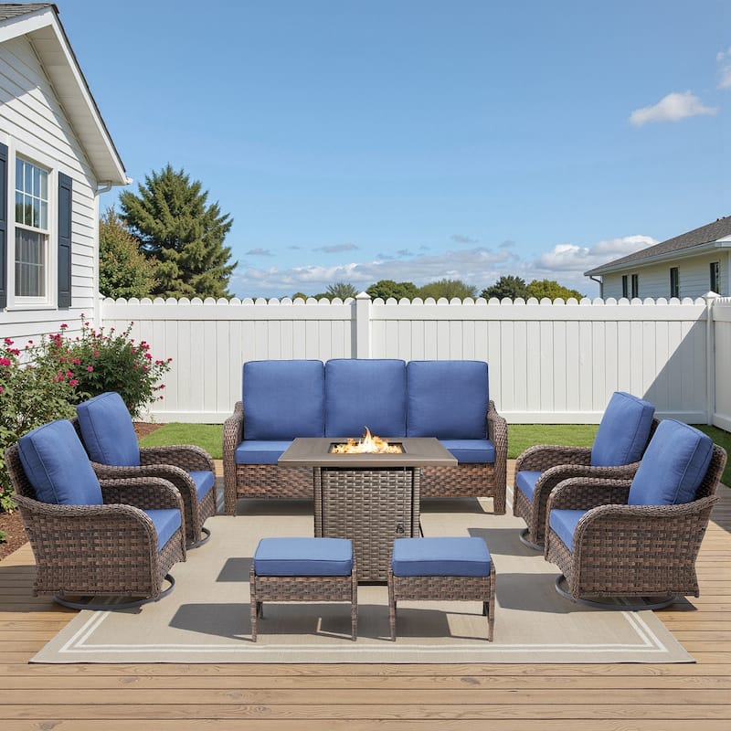 Pocassy Patio Sofa Swivel Chair with Fire Table Funiture Set - Blue Cushion - Brown Wicker - 8-Piece Sofa Swivel Chair Ottoman w/ Fire Table