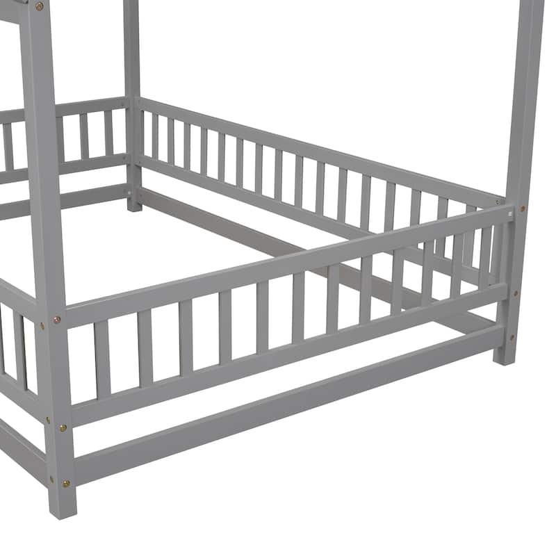 Full Size Floor Wooden Bed with House Roof Frame