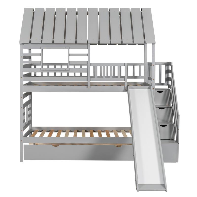 Twin Over Twin House Bunk Bed With Slide And Windows