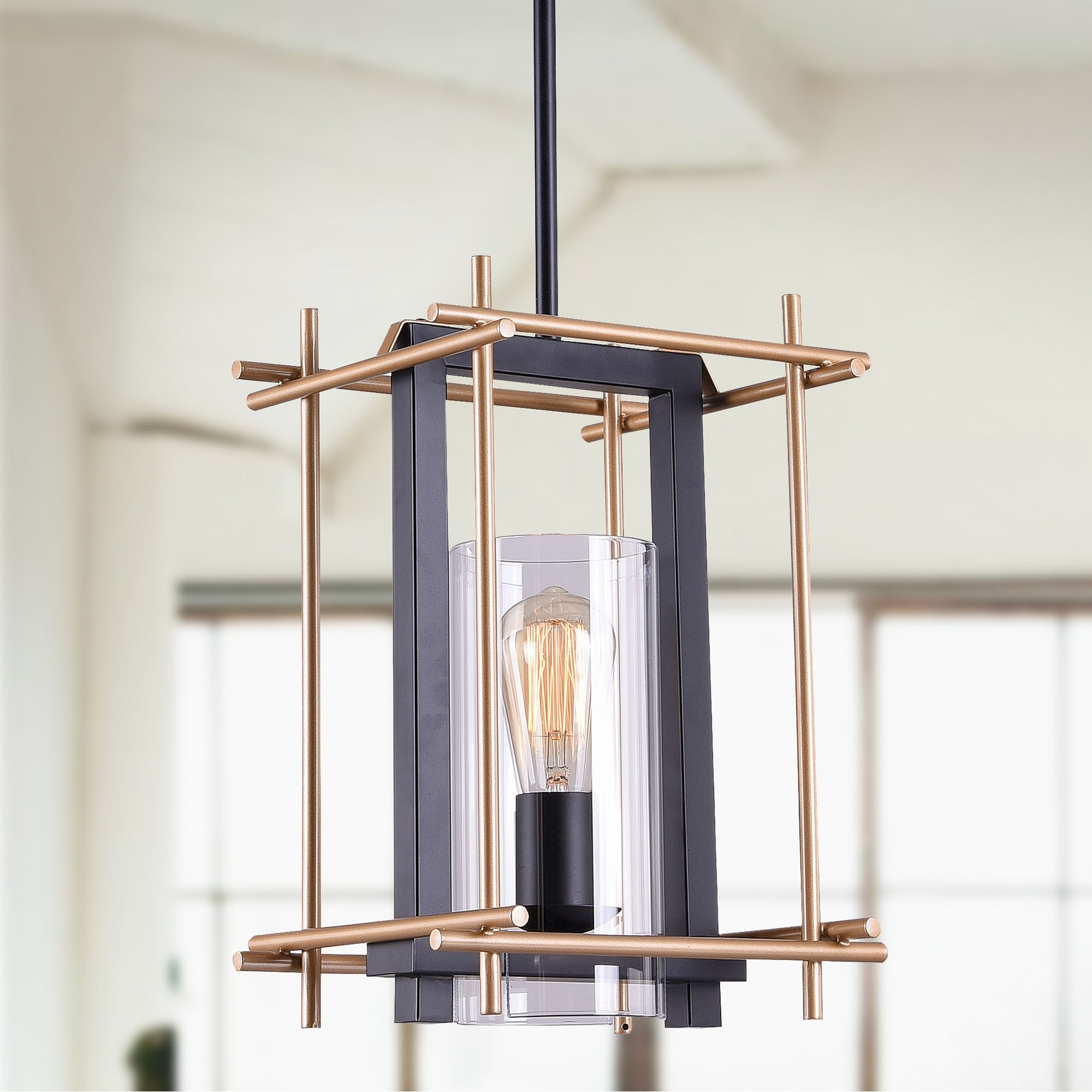 Warehouse of Tiffany Braum Matte Black+Gold-Bronze Rectangle Metal Cage 1-Light Pendant with Cylinder Clear Glass Shade