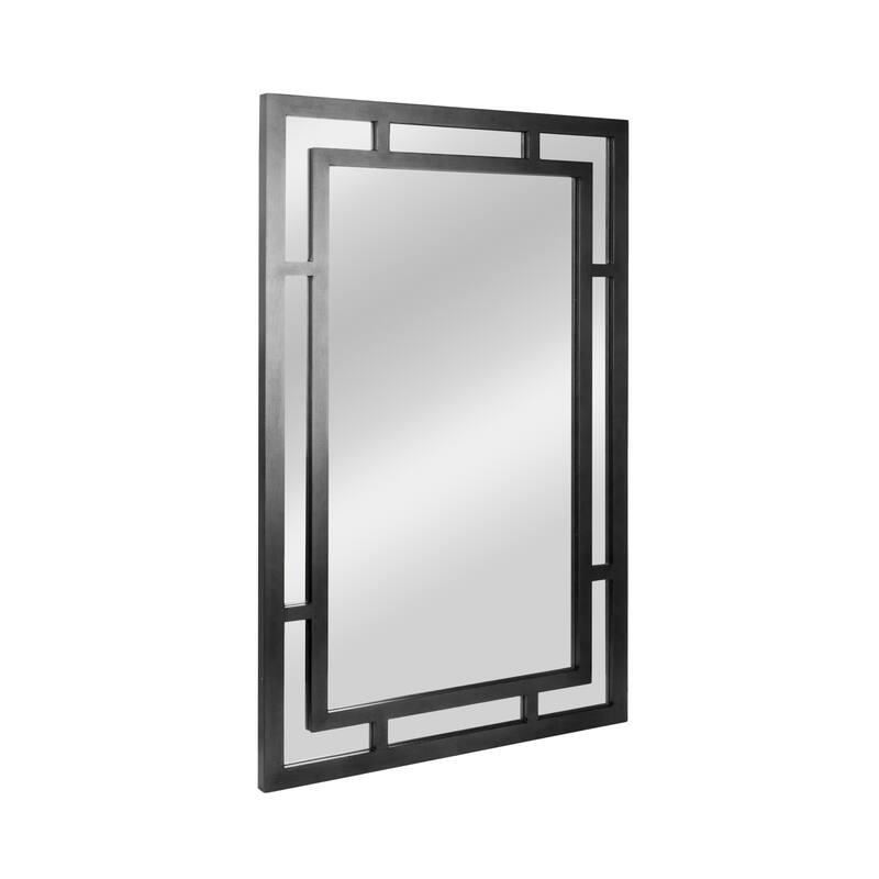 Glass Wall Mirror with Geometric Art Deco Wood Frame - 26.0"L x 1.1"W x 40.0"H - Black