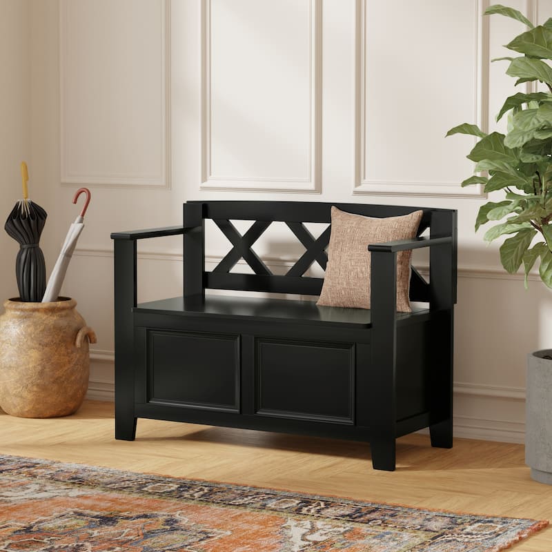 WYNDENHALL Halifax SOLID WOOD 36 inch Wide Transitional Small Entryway Storage Bench -  17"D x 36" W x 27.8"H - Black