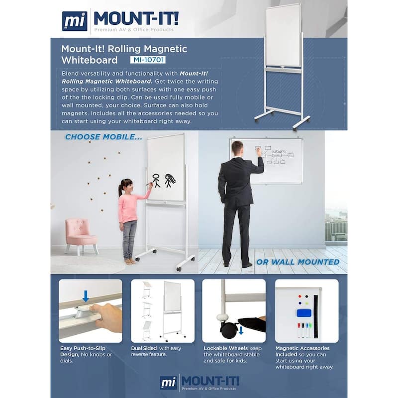 Mount-It! Mobile Dry Erase Whiteboard | 36x24 Inches | Double-Sided Dry Erase Board | Wall Mountable