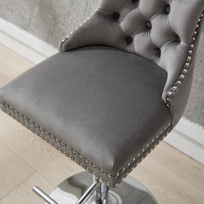 Adjustable Swivel Bar Stools Set of 2, Velvet Tufted Counter Height Bar Stools, Bar Chairs with Nailheads Trim & Back