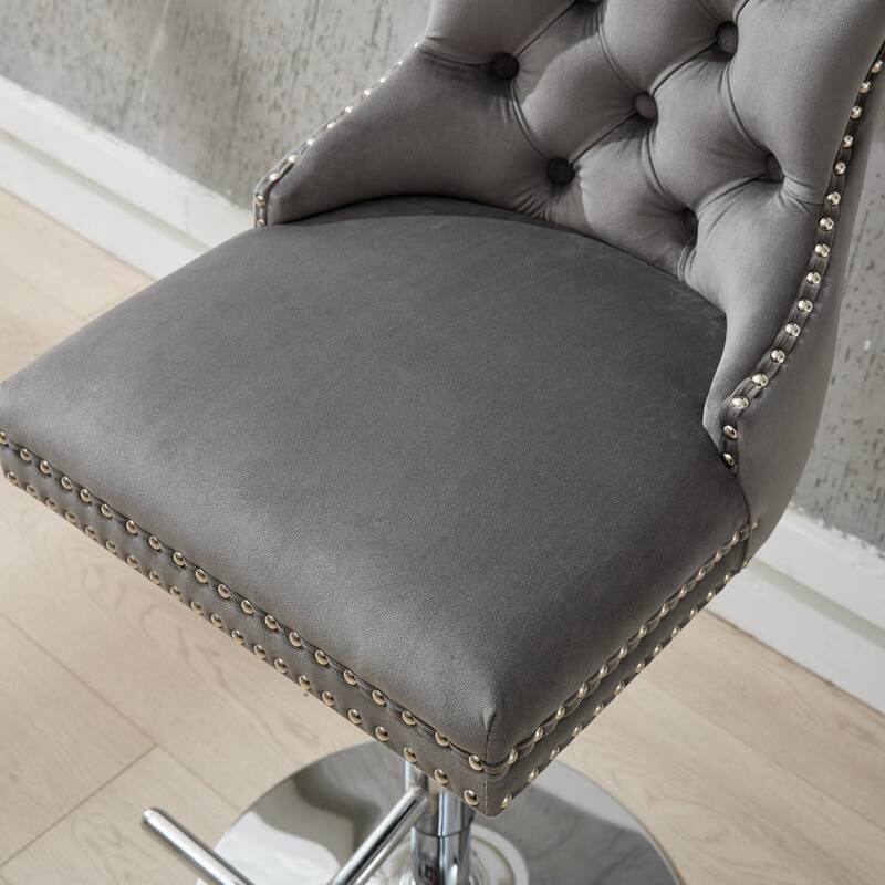 GDF Studio - Modern Adjustable Swivel Velvet Barstools with Chrome Base, Tufted Buttons & Diamond Pleating (Set of 2)