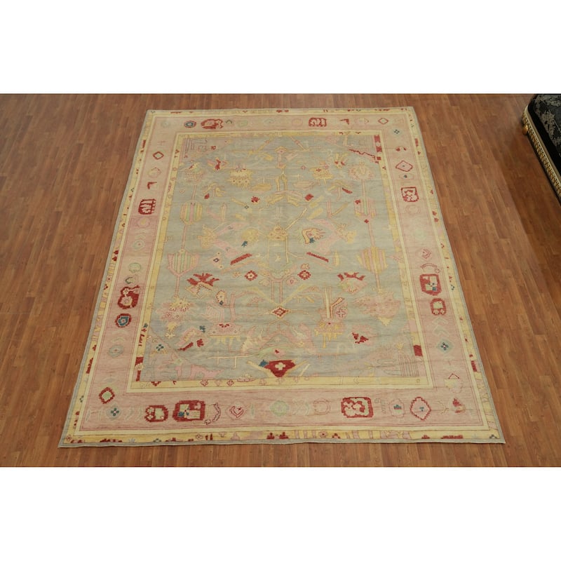 Vegetable Dye Wool Oushak Turkish Area Rug, Floral Geometric Carpet - 12' 6'' X 10' 2''