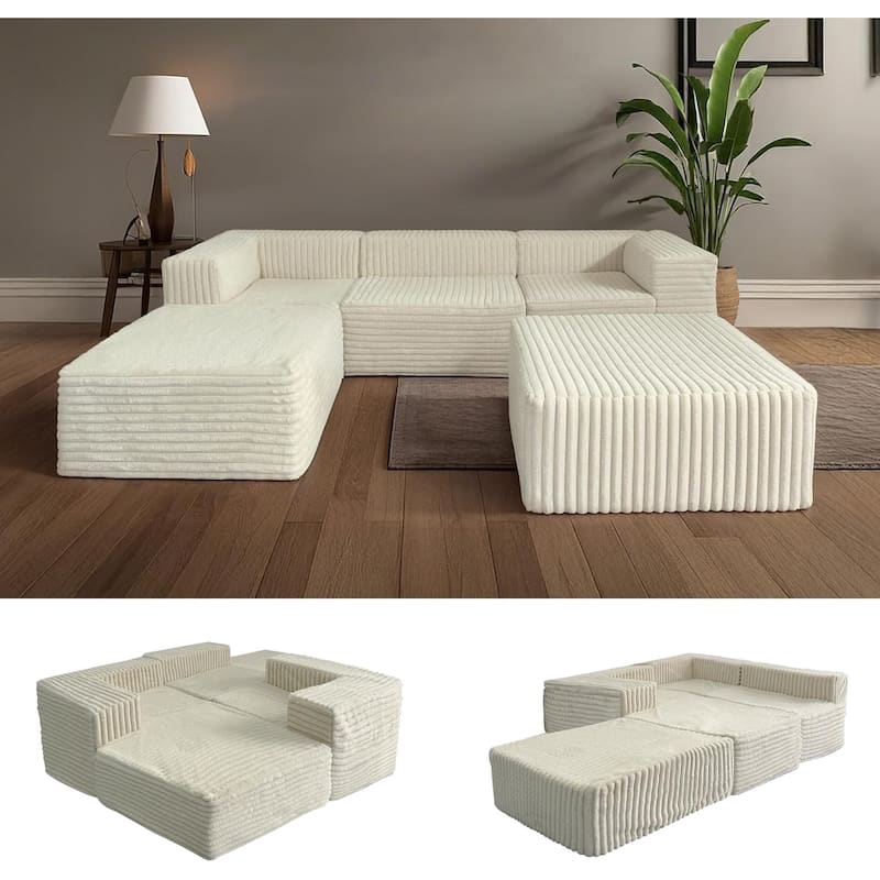 WOWMAX Oversized Sectional Boneless Couch for Living Room, 106 Inch Sleeper Modular Cloud Foam Couch - Symmetrical - Beige